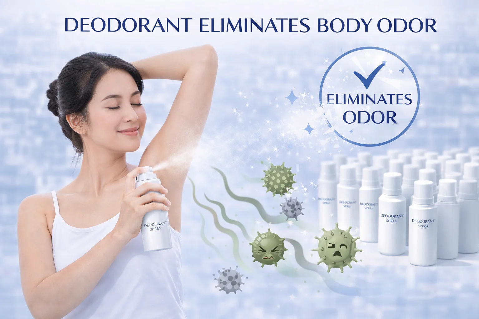 Woman using deodorant spray under arm with emphasis on eliminating body odor, alongside illustrated germs and spray bottles.